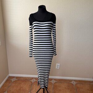 Striped Bodycon Square Neck Ribbed Knit Midi Dress Size L Sweater Dress NWOT